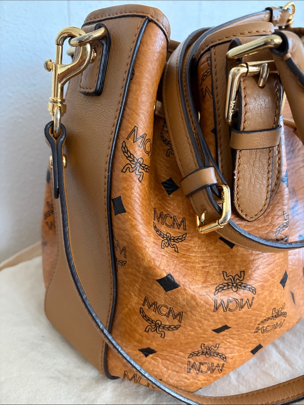 MCM Cognac Visetos Logo Drawstring Crossbody/Shoulder Bag - Picture 3 of 12